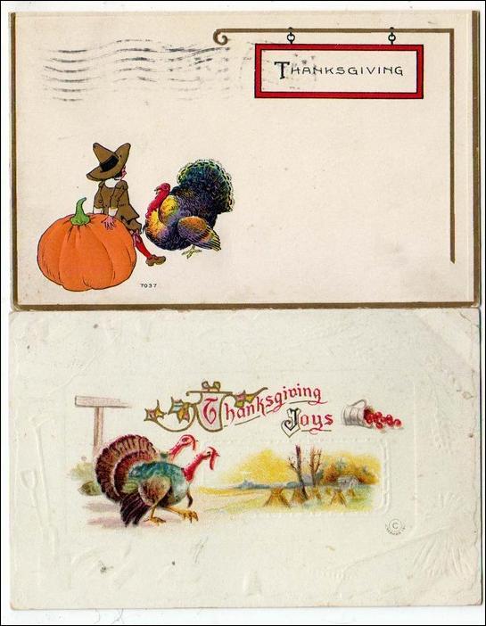 Greeting - Thanksgiving, Boy Pilgrim, Pumpkin & Turkeys (2 cards)