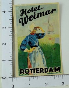 C. 1930's-40's Poster Stamp Luggage Label Hotel Weimar Rotterdam Dutch Girl E6