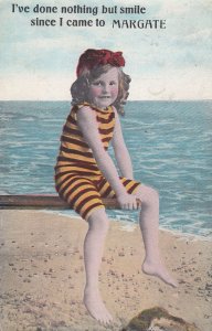 Margate Child Smiling Greetings Swimming Costume Antique Postcard