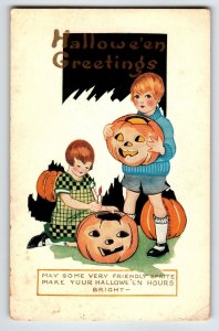 Halloween Postcard Children With JOL Pumpkins Whitney  Embossed Vintage Unposted