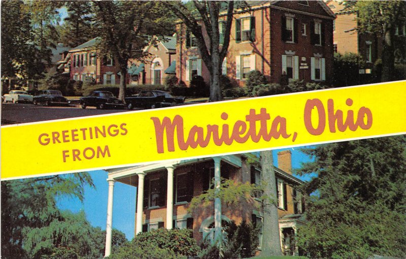 Marietta Ohio 1960s Postcard Banner Multiview Betsy Mills Club College Residence