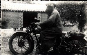 Man Big Beard on Triumph Motorcycle Congo Real Photo Postcard