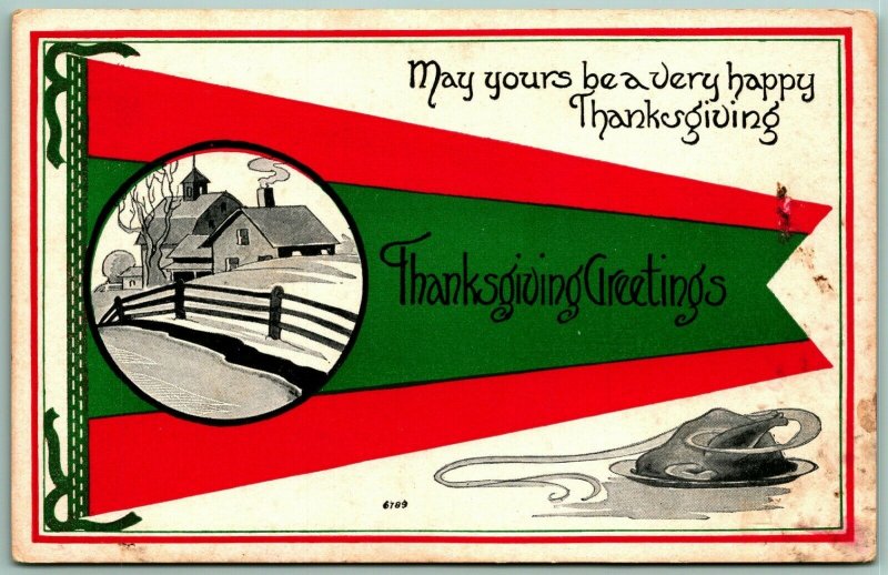 Thanksgiving Greetings Pennant Turkey Cabin UNP Unused DB Postcard G12