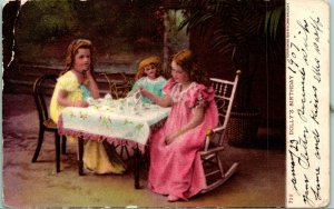 Dolly's Birthday - Children Tea Party w Doll 1907 UDB Postcard