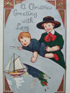 Vintage Christmas Postcard Children Sailing Boat Ship Whitney Embossed 1914