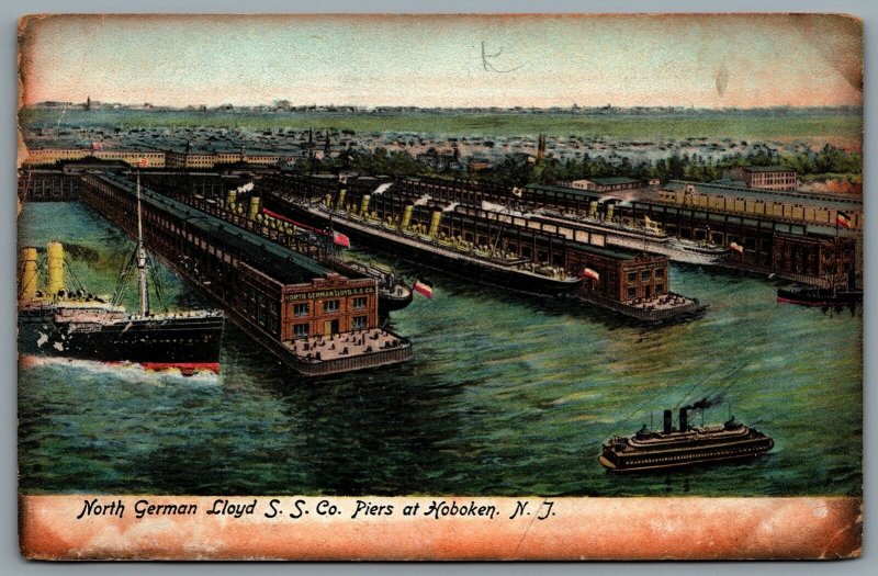 Postcard Hoboken NJ c1905 North German Lloyd S.S Co. Piers Aerial View Steamship