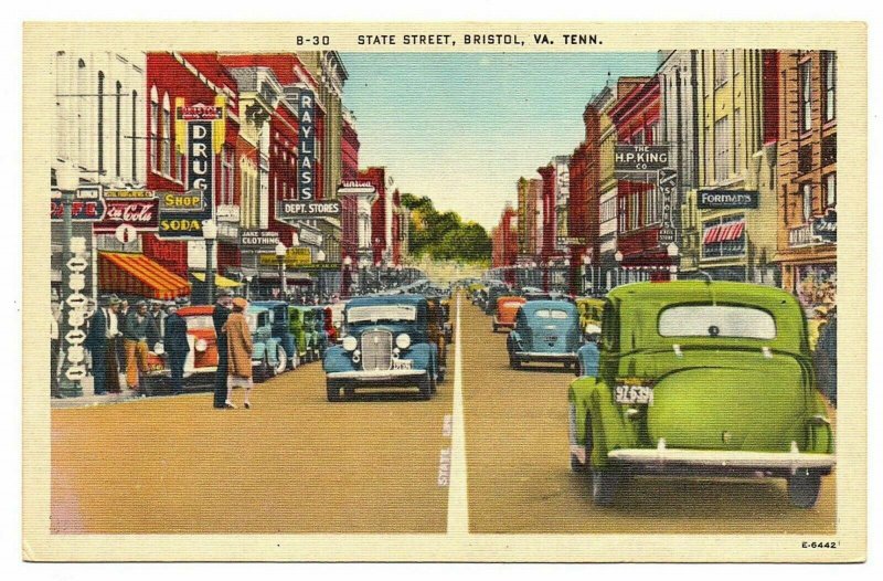 Bristol Tennessee-Virginia Postcard Street View Main Street Store Fronts #75903