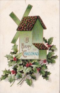 Happy Christmas Holly and Wooden Windmill 1909