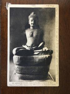 1930 Statue of Buddha, Angkor Thom, Camboda Postmark Postcard d8