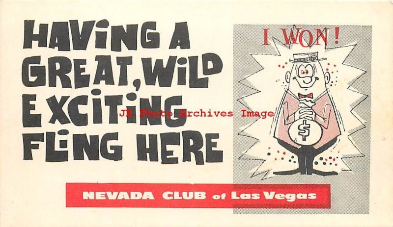 Advertising Postcard, Nevada Club of Las Vegas, Excited Man with Bag of Money