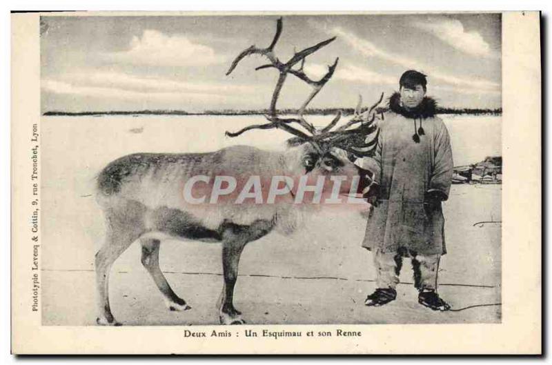 Old Postcard Polar Eskimo A Two friends and his reindeer