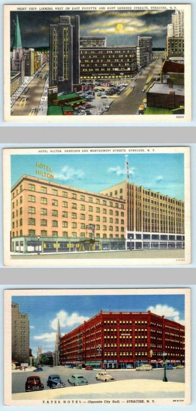 3 Postcards SYRACUSE, NY ~ Hotel Hilton, Yates Hotel, East Fayette Street Night