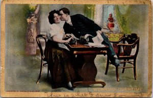 VINTAGE POSTCARD WORKING OVERTIME ADULT HUMOR MAN EMBRACING SMILING WOMAN