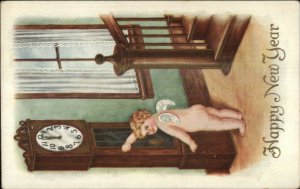 New Year - Cupid at Grandfather Clock c1910 Postcard