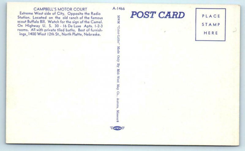 NORTH PLATTE, Nebraska NE ~ Roadside CAMPBELL'S MOTOR COURT 1940s Linen Postcard