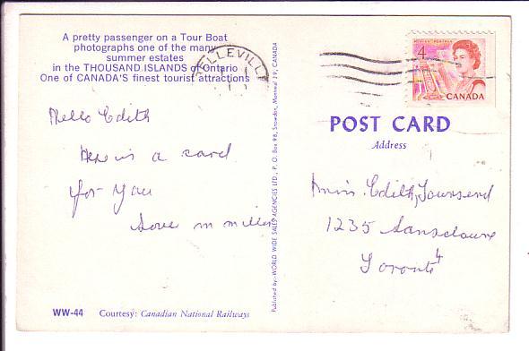 Pretty Passanger, Thousand Islands Cruise Boat, Ontario, Used Belleville Cancel