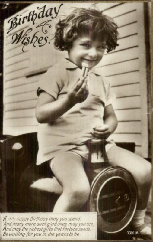 Child Riding Toy Train c1930 Birthday Real Photo Postcard