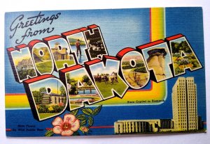 Greetings From North Dakota Large Big Letter Linen Postcard Hafstrom Unused