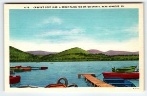 Carvin's Cove Lake Near Roanoke Virginia Postcard Linen Unused Boats Mountains