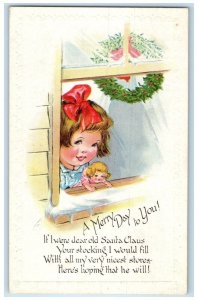 1919 Merry Christmas Girl Doll On Window Whreat Embossed Winchester VA Postcard