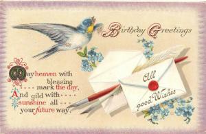 Birthday Greetings  BIRD~QUILL PEN~ENVELOPE~BLUE FLOWERS 1914 Embossed  Postcard