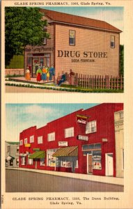 Linen Postcard Glade Spring Pharmacy in 1908 and 1938 Glade Spring, Virginia