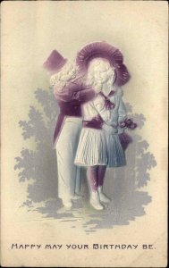 Birthday Romance Young Boy and Girl Airbrushed Embossed c1910 Vintage Postcard