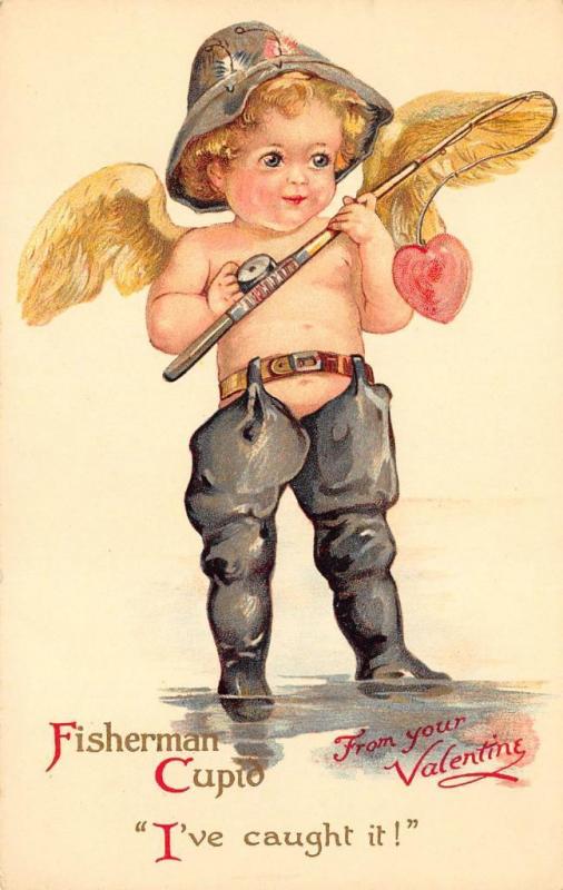 Fisherman Cupid I've caught it Ernest Nister Valentine Postcard