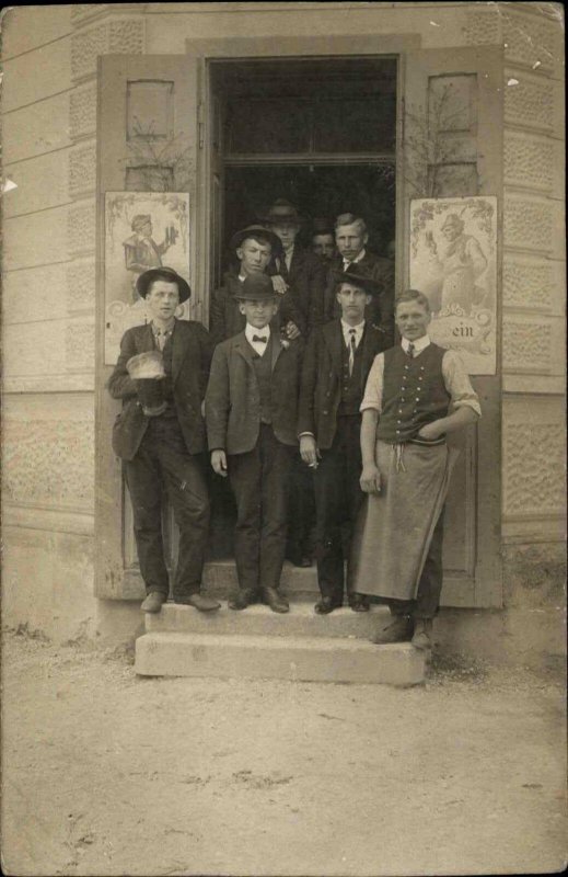 GREAT BAR SCENE Patrons in Doorway Pitcher of Beer Posters c1910 RPPC