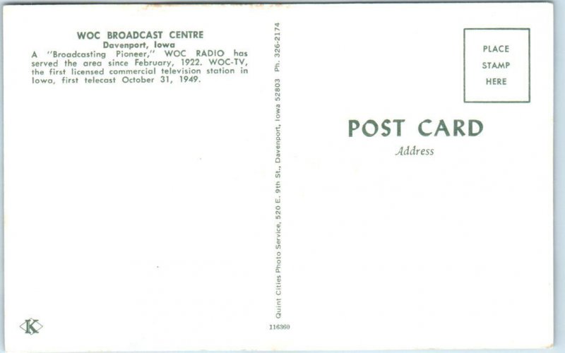 Postcard - WOC Broadcast Center - Davenport, Iowa