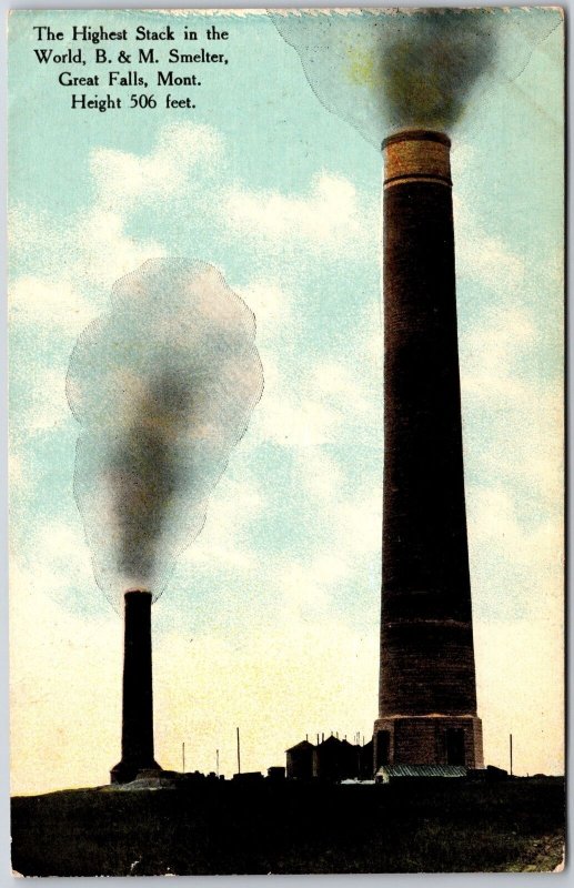 1910's Highest Stack In The World B. & M. Smelter Great Falls Montana Postcard