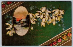 With All Good Wishes, Rural Winter Scene, Mistletoe,  1911 Christmas Postcard