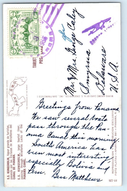 Panama Postcard S.S. Kungsholm Large Tourist Liner Panama Canal 1955