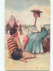 Pre-Linen Fashion signed WOMAN AT THE BEACH WITH HAT AND UMBRELLA AC5152