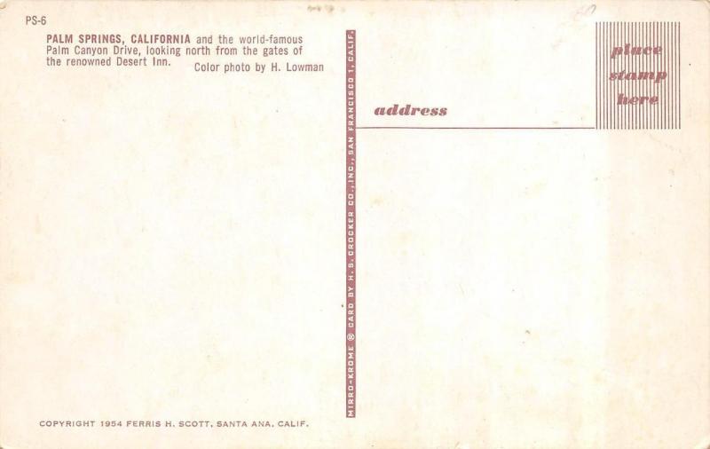 PALM SPRINGS, CA California  PALM CANYON DRIVE  50's Cars~Woody  1954 Postcard