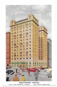 Southern Hotel, Light and Redwood Streets, Baltimore, Maryland, unused, cars