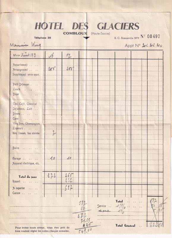 Hotel De Glaciers Combloux 1939 WW2 French Receipt