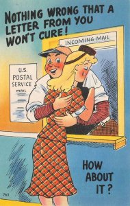 WHY DON'T YOU WRITE POST OFFICE LETTER ROMANCE COMIC POSTCARD (c. 1940s)