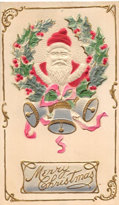 F64/ Santa Claus Merry Christmas Postcard c1910 Embossed Wreath Bells 13