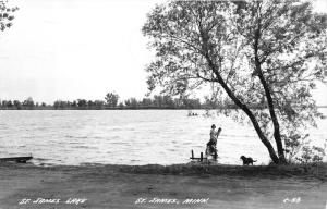 St James Minnesota~St James Lake Scene~Children on Rustic Dock~Dog~Boat~'56 RPPC