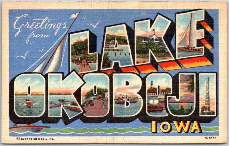 Greetings From Lake Okoboji Iowa IA Large Letter Beaches Landmarks Postcard