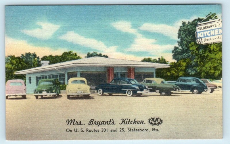 STATESBORO, GA ~MRS BRYANT'S KITCHEN Cool c1940s Cars Roadside Linen Postcard 