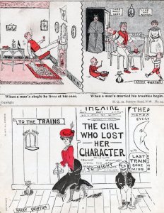 Married Mans Troubles Theatre Poster To Trains 2x Old Comic Postcard s