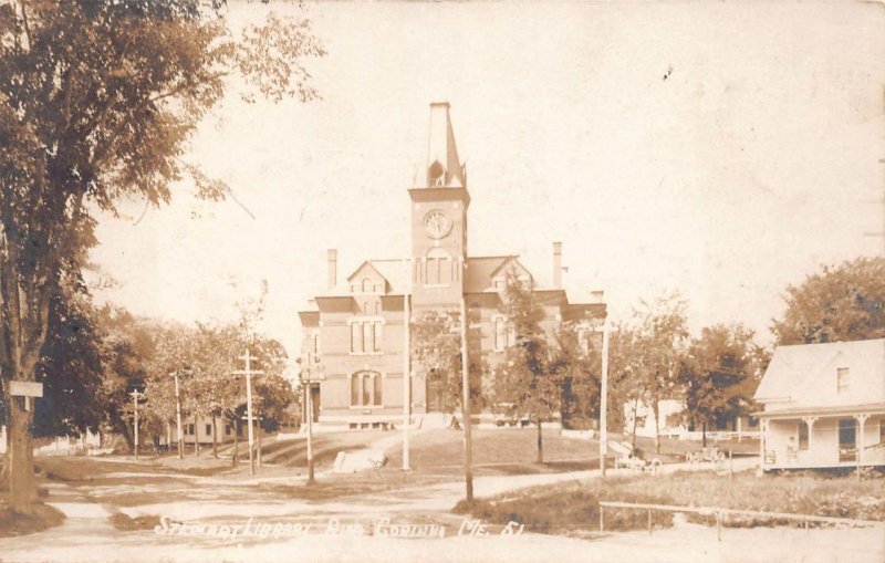 RPPC STEWART LIBRARY CORINA MAINE TO UK FIRE MESSAGE REAL PHOTO POSTCARD 1911