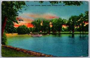 Postcard Kansas City Missouri MO Swope Park Lagoon Boat Sunset 1930s Linen