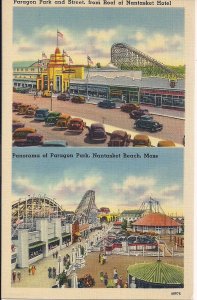 Nantasket Beach MA, Paragon Park AMUSEMENT PARK, 1940 Linen, Roller Coaster Cars