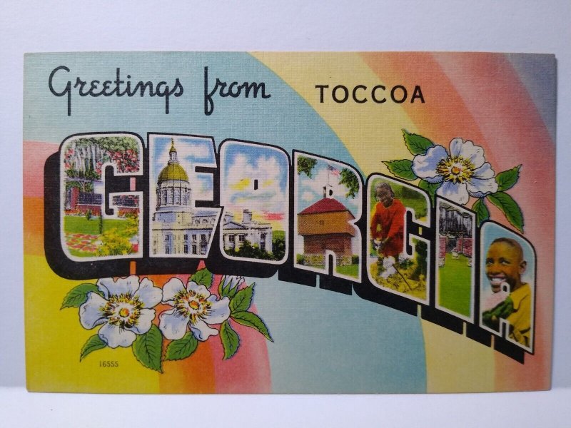 Greetings From Toccoa Georgia Large Letter Linen City Postcard Unused Flowers