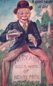 Vintage Postcard 1912 Quiet Smoke At Last Mary Ann Dear Wife of Henry Peck Comic