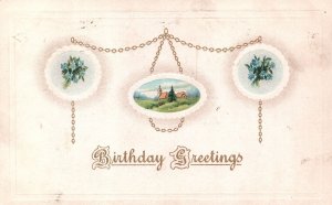 Vintage Postcard 1915 Birthday Greetings Chain Forget Me Nots Landscape Card