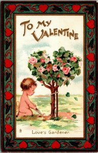 Vtg Valentine Love's Gardener Little Boy Heart Shaped Roses 1910s Tuck Postcard